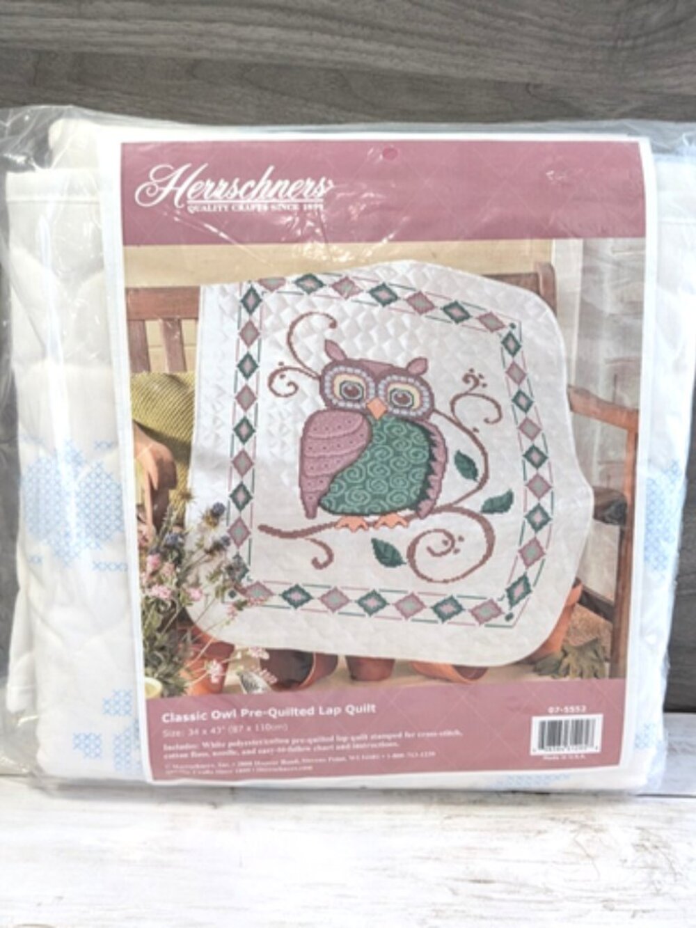 Herrschners Classic Owl Lap Quilt Top Stamped for Cross Stitch 34" X 43